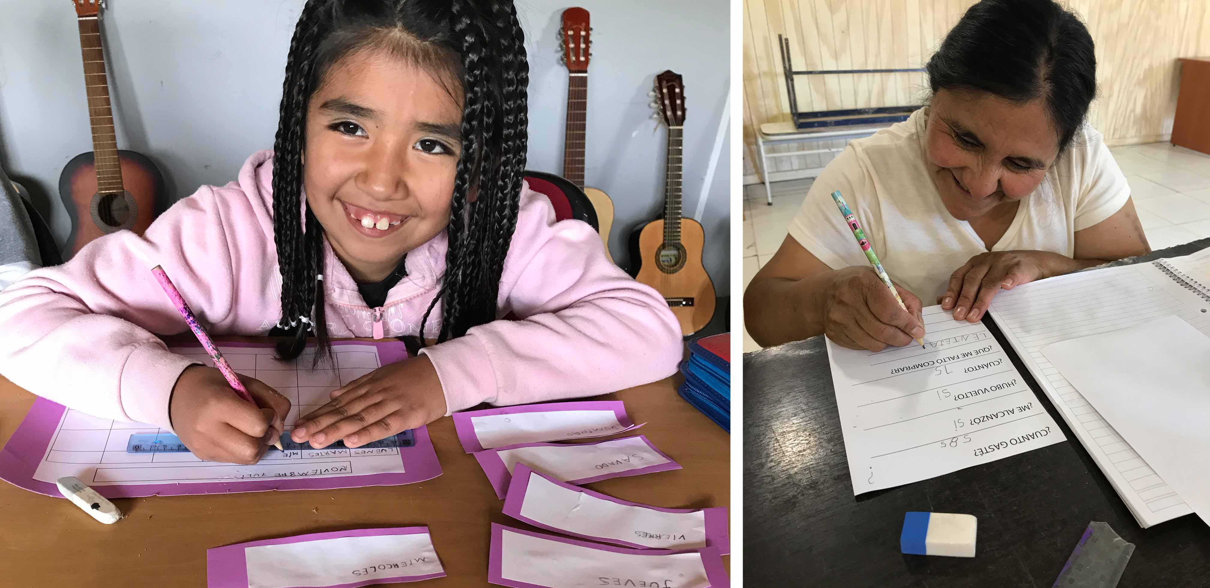 Fotografías de una niña y una mujer estudiando